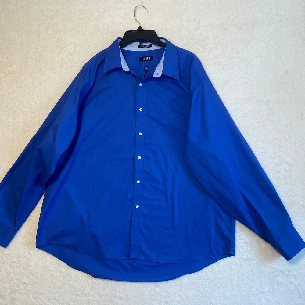 Chaps Classic Fit Twill Wrinkle Free Dress Shirt Blue Men Size 18-18.5 36-37